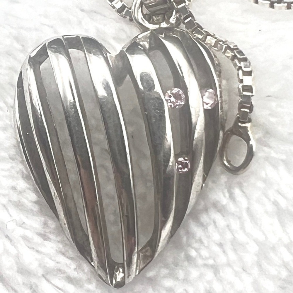 Vintage Sterling Silver CZ Necklace Heart Open Puffed Caged Box Chain 5g 16"